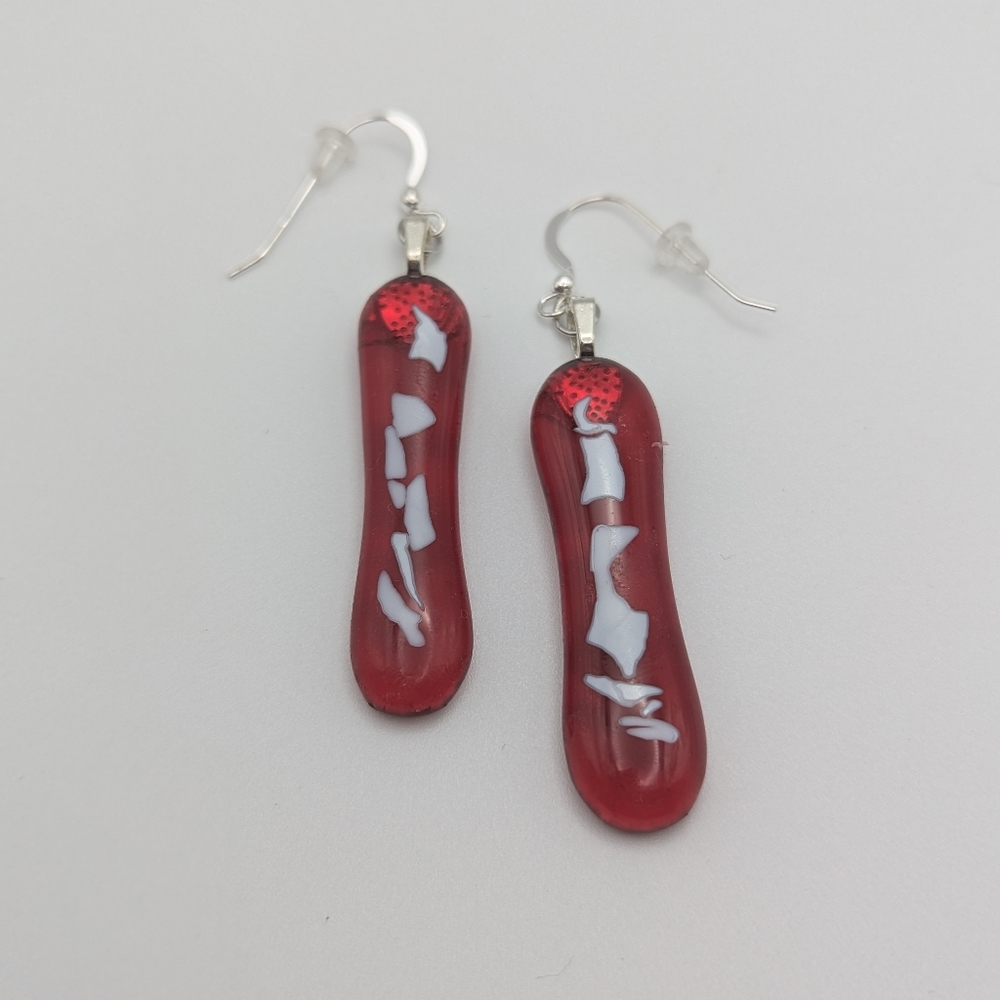 Artisan handmade Fused glass pink and abstract geometric earrings.